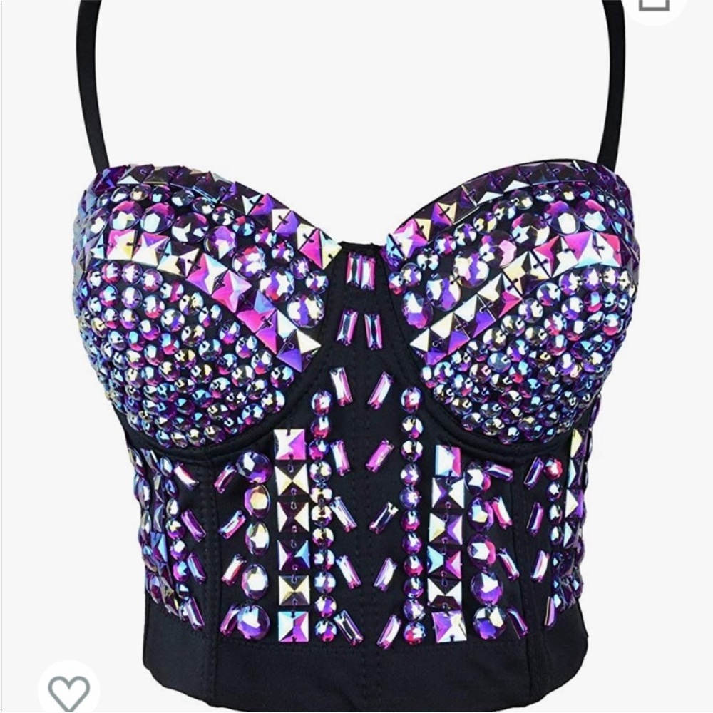 Women's Rhinestone Bustier Crop Top Club Party Glitter Corset Top Bra Purple